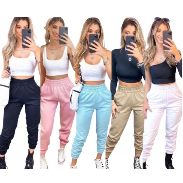 Calça Moletom Feminina Jogger Cós Alto
