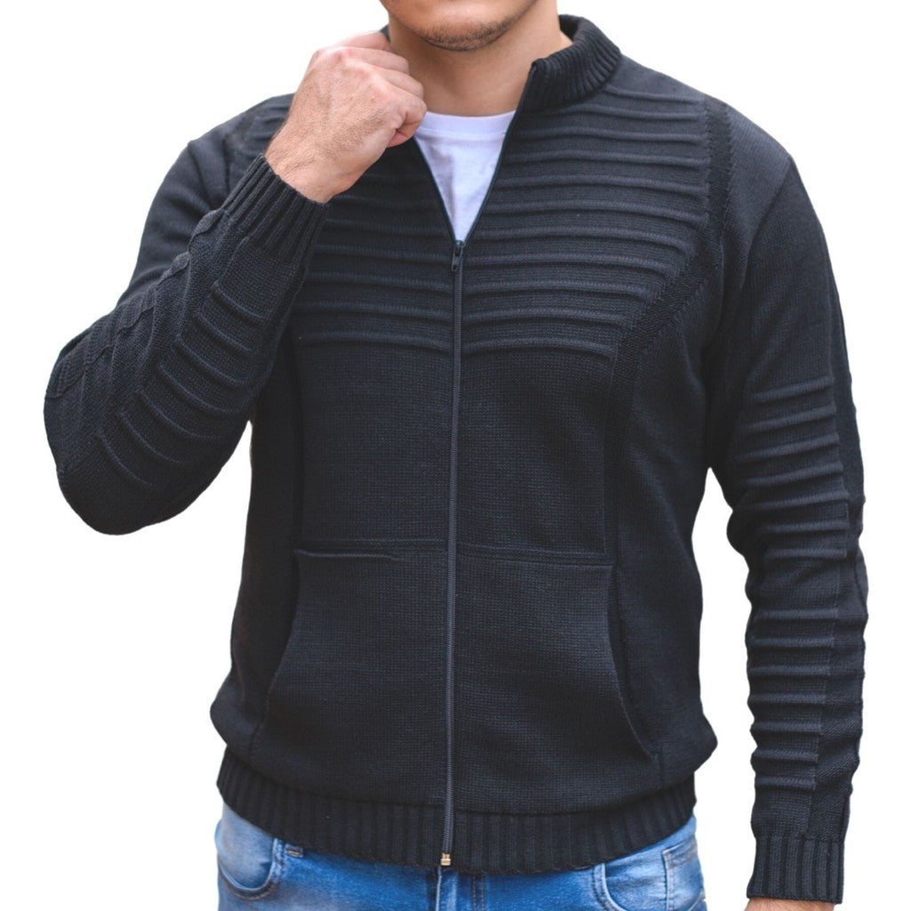 Casaco de Lã Tricot Masculino com Bolso e Ziper