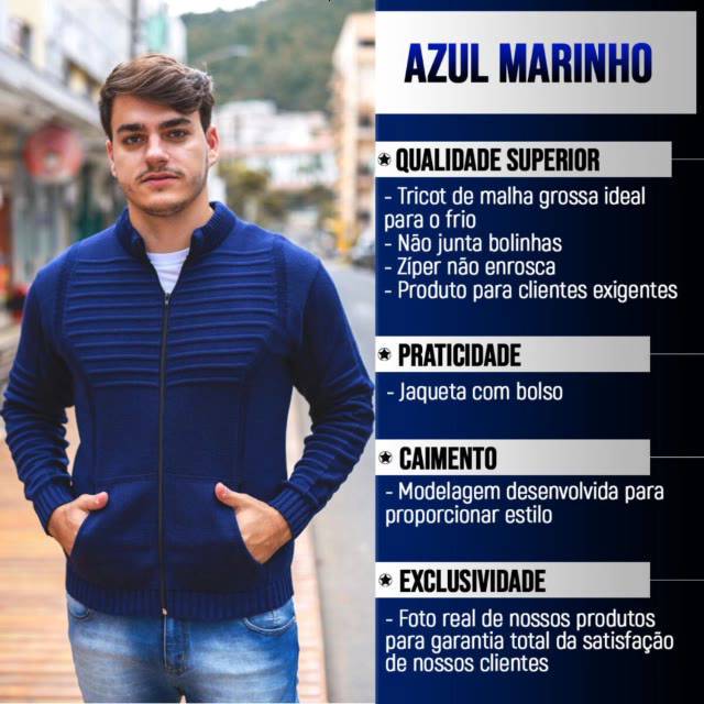 Casaco de Lã Tricot Masculino com Bolso e Ziper